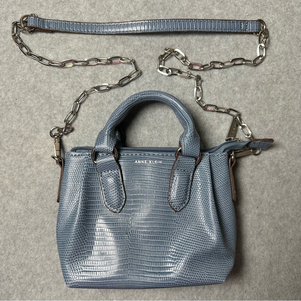 Anne Klein‎ Blue Lizard Embossed Mini Top Handle Crossbody Bag Silver Chain